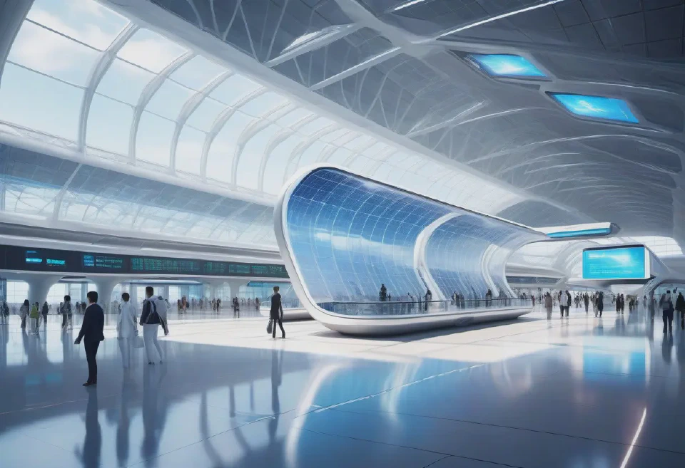 AI-generated images can help in visualizing and planning futuristic airport designs.