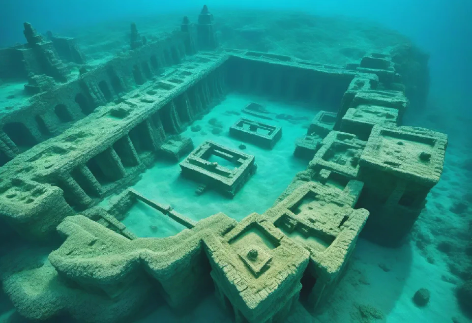 Generate detailed maps and illustrations of underwater archeological sites such as sunken ships or lost cities for research purposes.